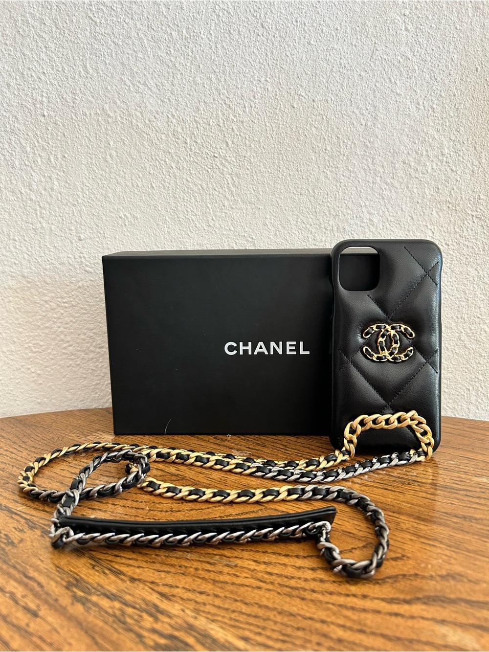Chanel Black Quilted Leather iPhone X Pro Case with Gold Chain FULL INCLUSION